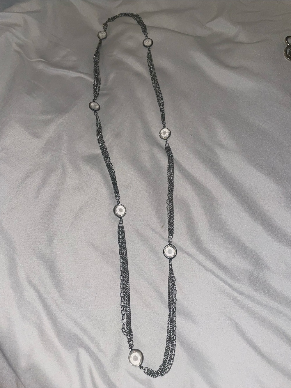 Long Black Multi-Chain Necklace with Clear Crystal Accents